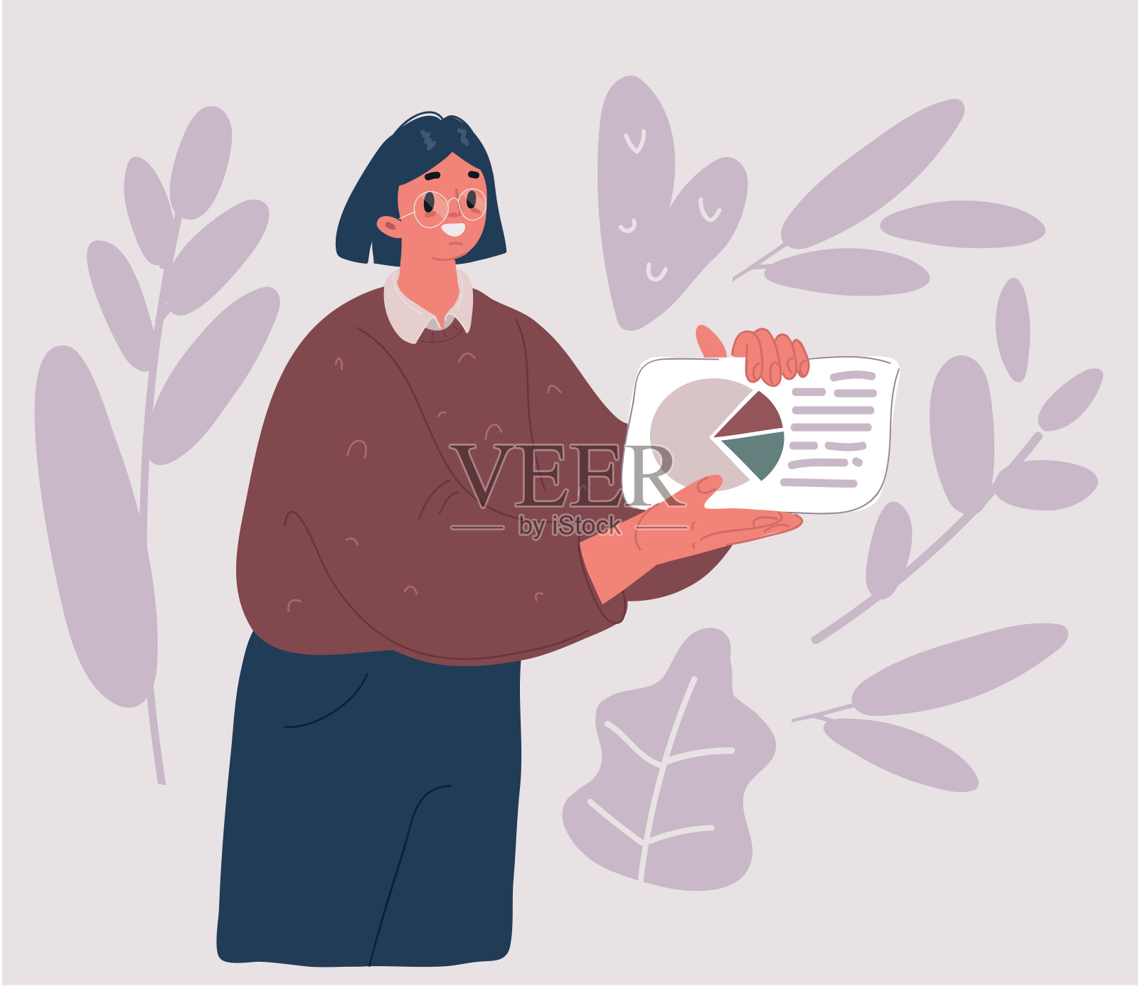 矢量插图卡通人物，妇女持有增长图表。财务成功，合作和有效的社会媒体营销。插画图片素材