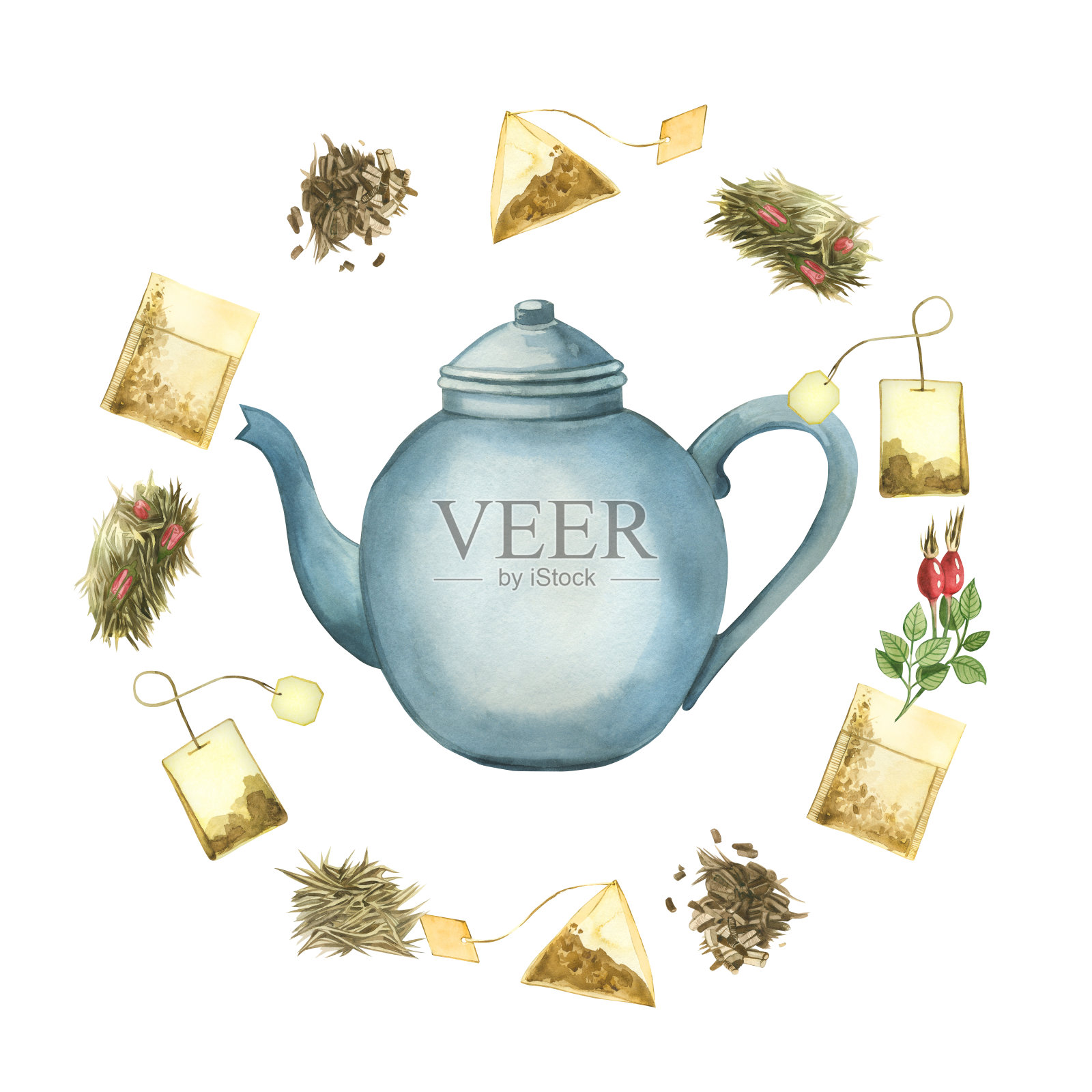 水彩插图。茶壶泡茶，茶包，茶叶，茶叶，玫瑰果，茶叶过滤器。所有产品均为手绘水彩画。用于产品包装、厨房上的印刷插画图片素材