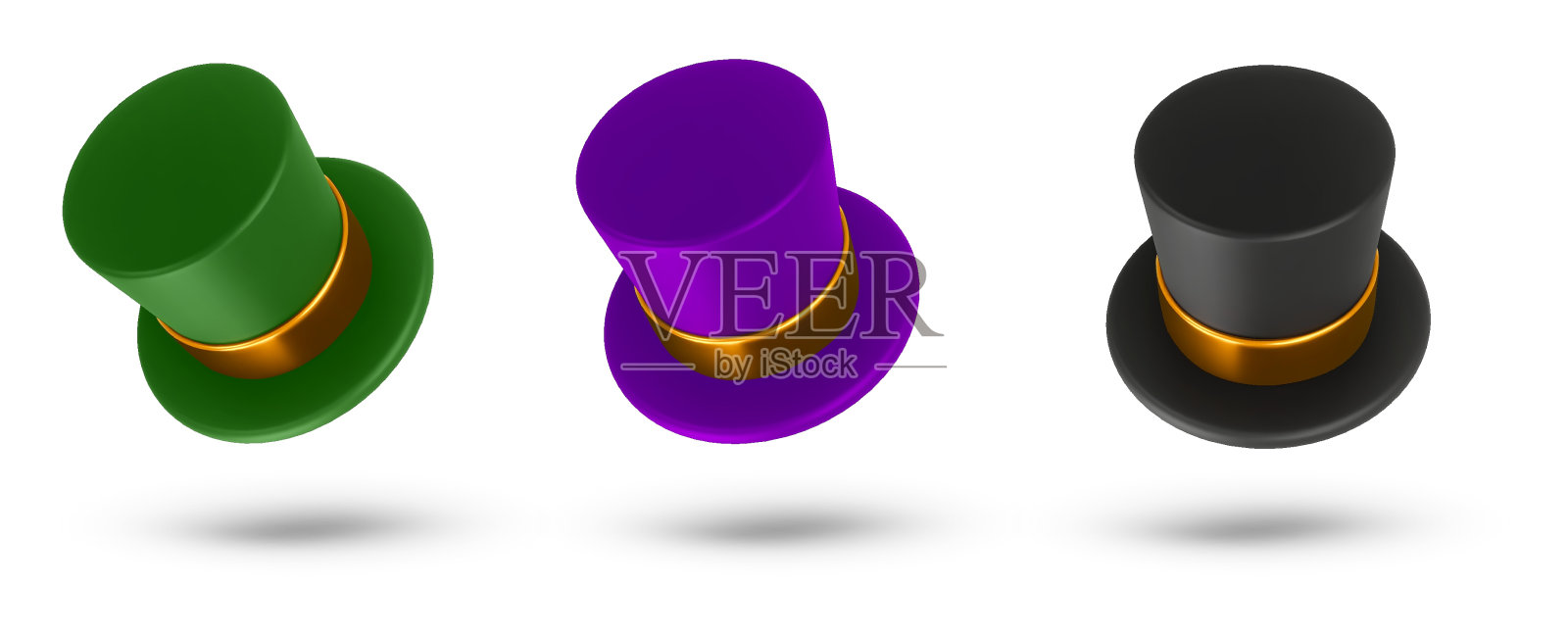 集三维渲染插图的圆筒魔法帽与金色丝带。复古人时尚和魔术表演的概念。矢量艺术隔离在白色背景插画图片素材