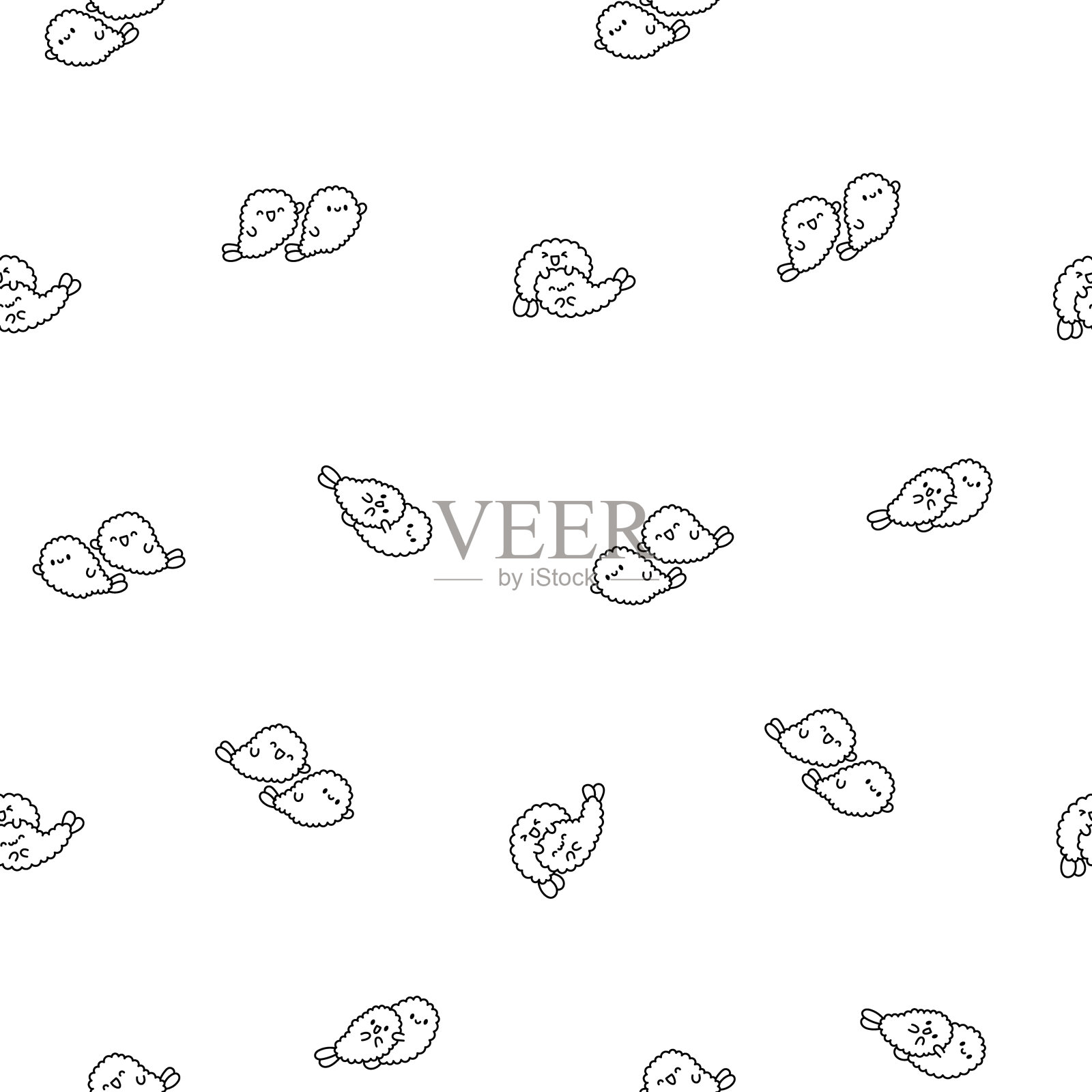 有趣的天妇罗虾角色。无缝模式。着色页面。可爱的卡通日本食物。手绘风格。矢量图。设计的饰品。插画图片素材