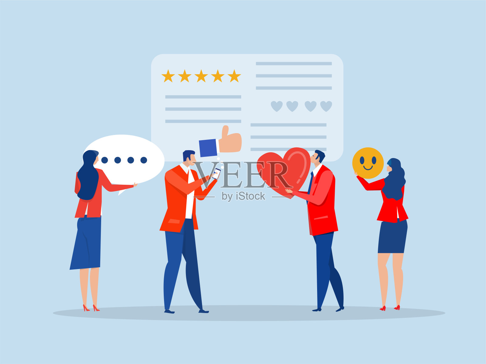 顾客满意的概念，顾客给予评价的星星和喜欢和积极的反馈，从微小的男性和女性客户的评论平面客户反馈矢量插图插画图片素材