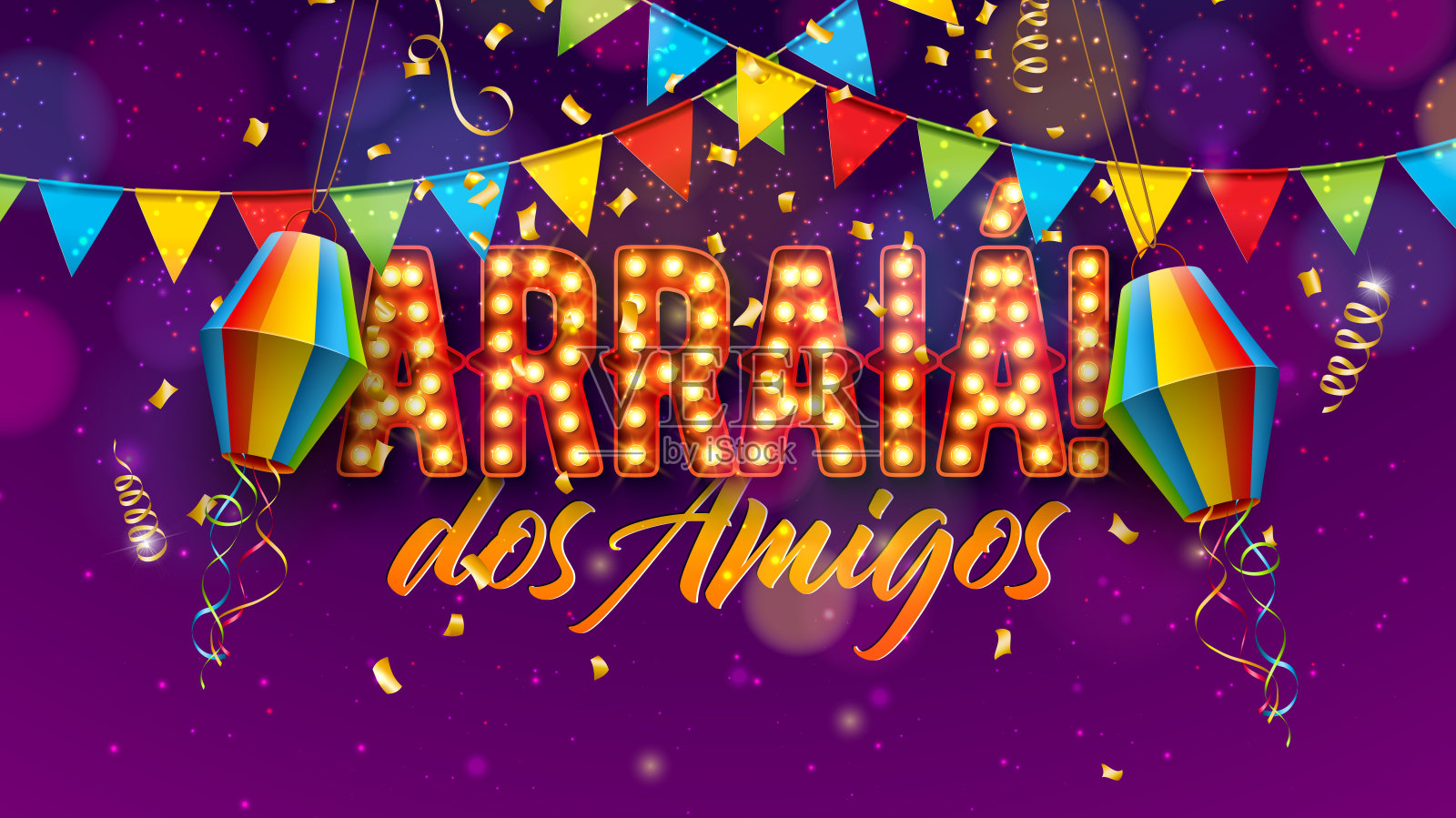 节日朱尼纳插图与彩旗，五彩纸屑和阿拉亚灯泡广告牌字母在紫色的背景。矢量巴西圣若昂六月节日设计贺卡，横幅或节日海报。插画图片素材