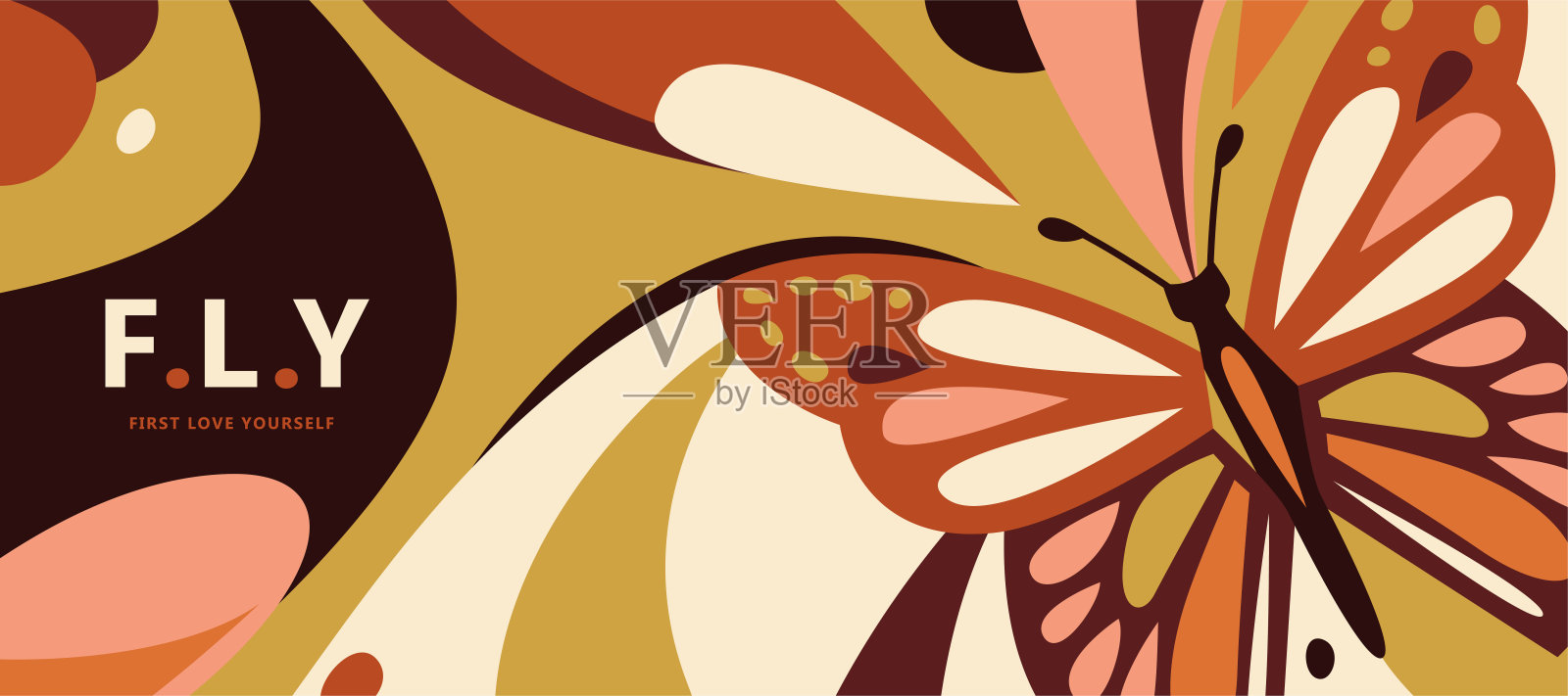 蝴蝶横幅矢量插图。水平色夏季背景与飞虫，简单的波浪有机形状和爱自己的报价在左边插画图片素材