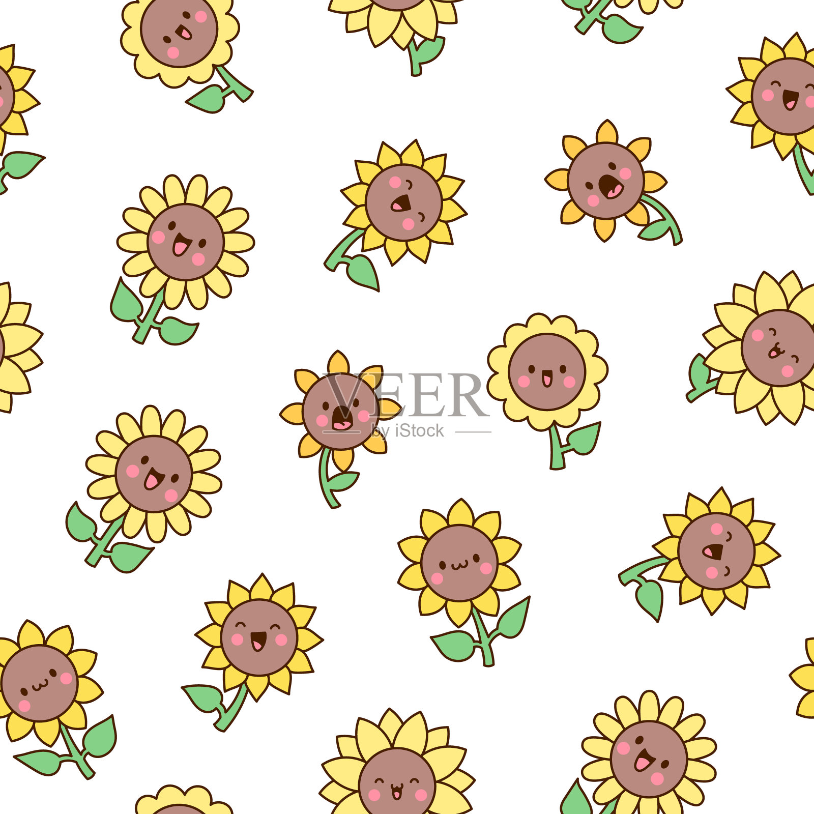 可爱的向日葵。无缝模式。卡通花朵人物带着快乐的微笑。手绘风格。矢量图。设计的饰品。插画图片素材