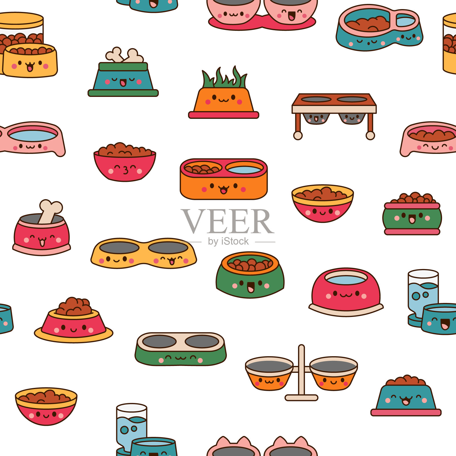 宠物碗带着快乐的脸。无缝模式。猫和狗的食物。卡哇伊卡通人物。手绘风格。矢量图。设计的饰品。插画图片素材