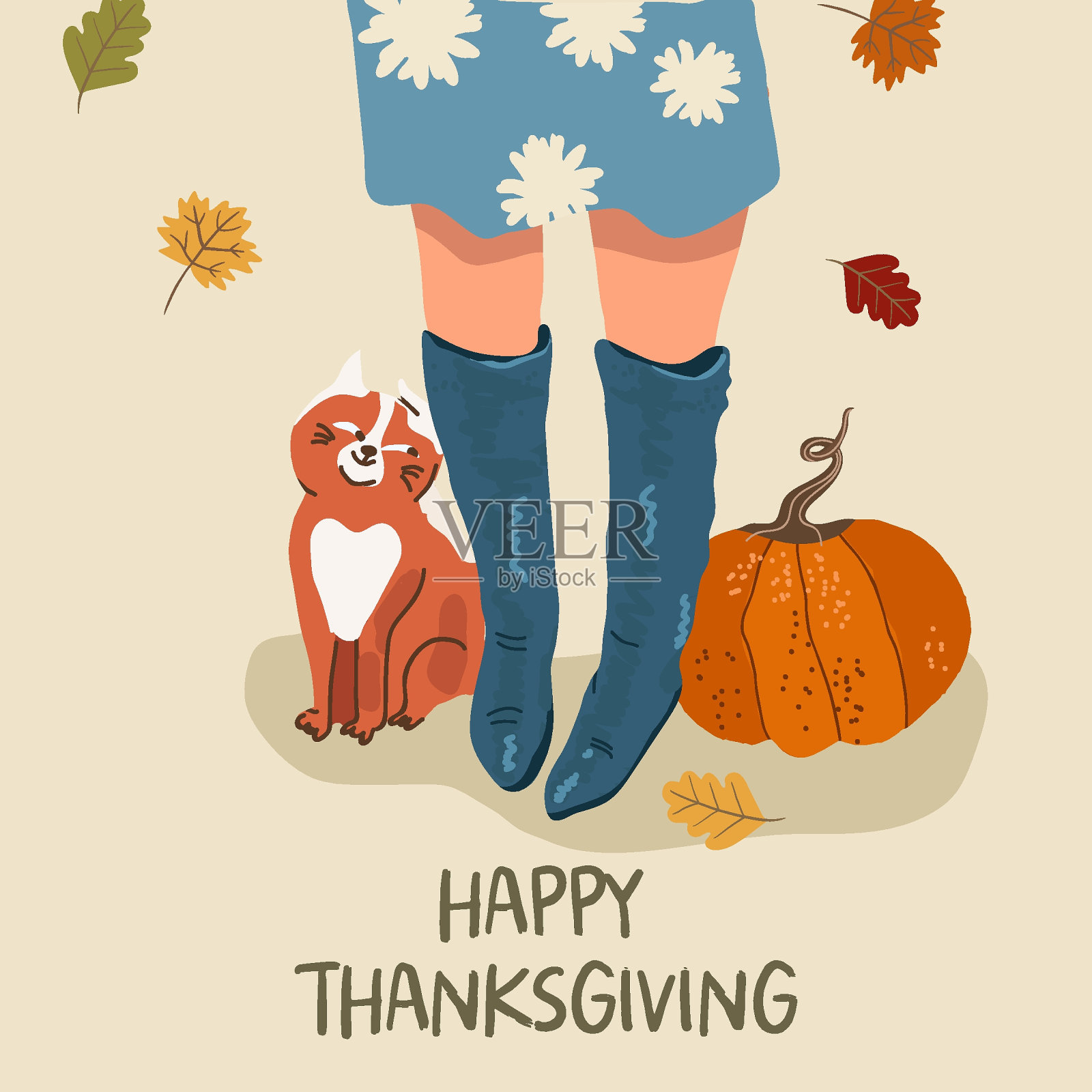 方形感恩节快乐卡片，上面有女人穿着靴子的脚，俯视图，猫咪抚摸，舒适的秋天气氛，落叶飘落。矢量手绘插图。插画图片素材