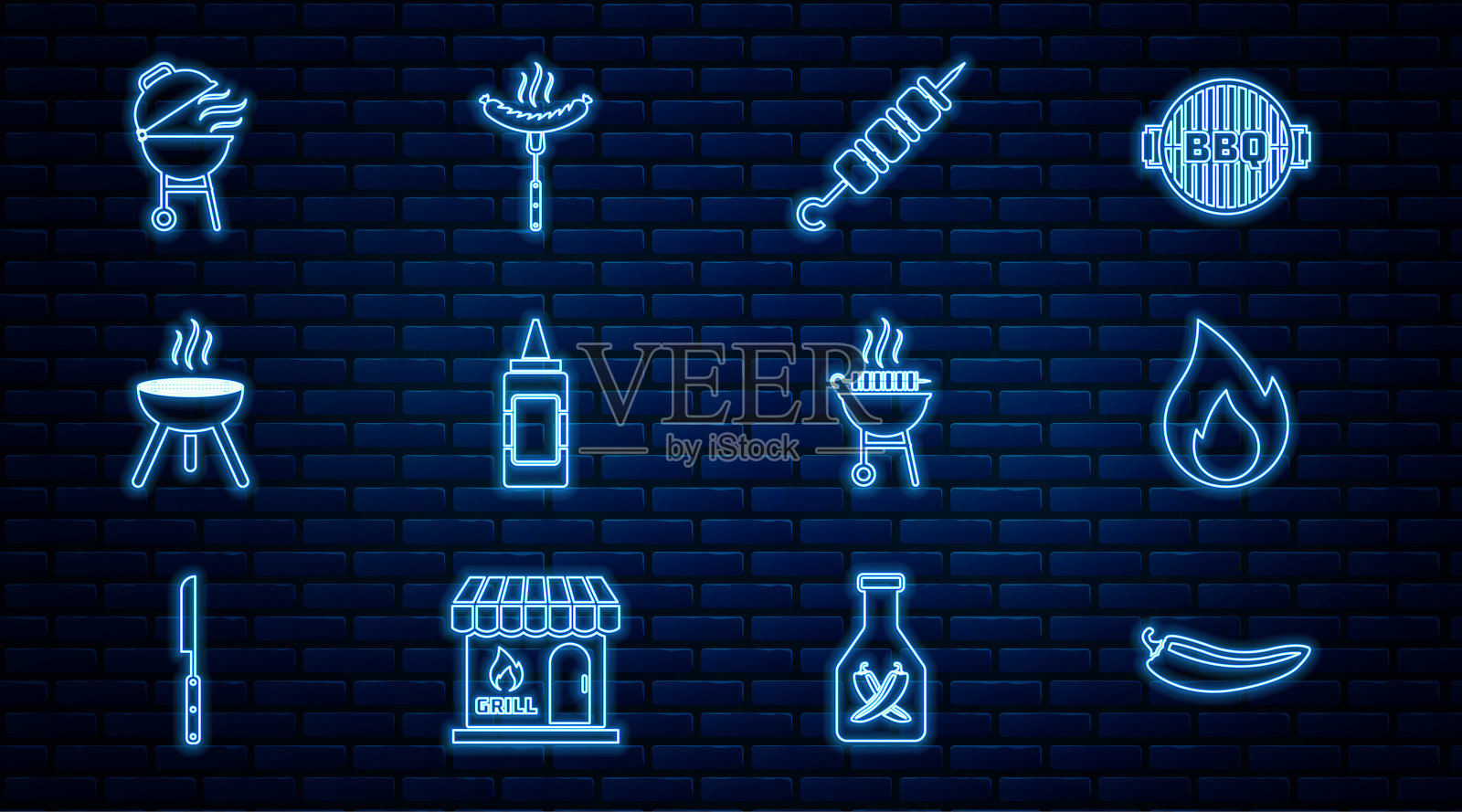 设定线辣椒辣椒荚，火焰，烤羊肉串，芥末瓶，烧烤架，烤和香肠上的叉子图标。向量插画图片素材