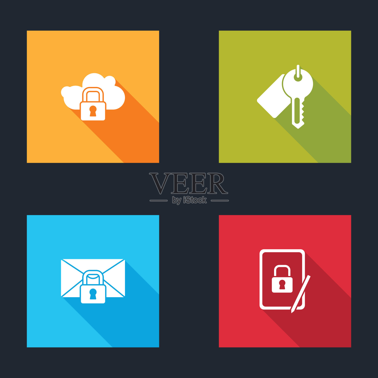 设置云计算锁，标记密钥，邮件信息密码和平板电脑关闭挂锁图标。向量插画图片素材