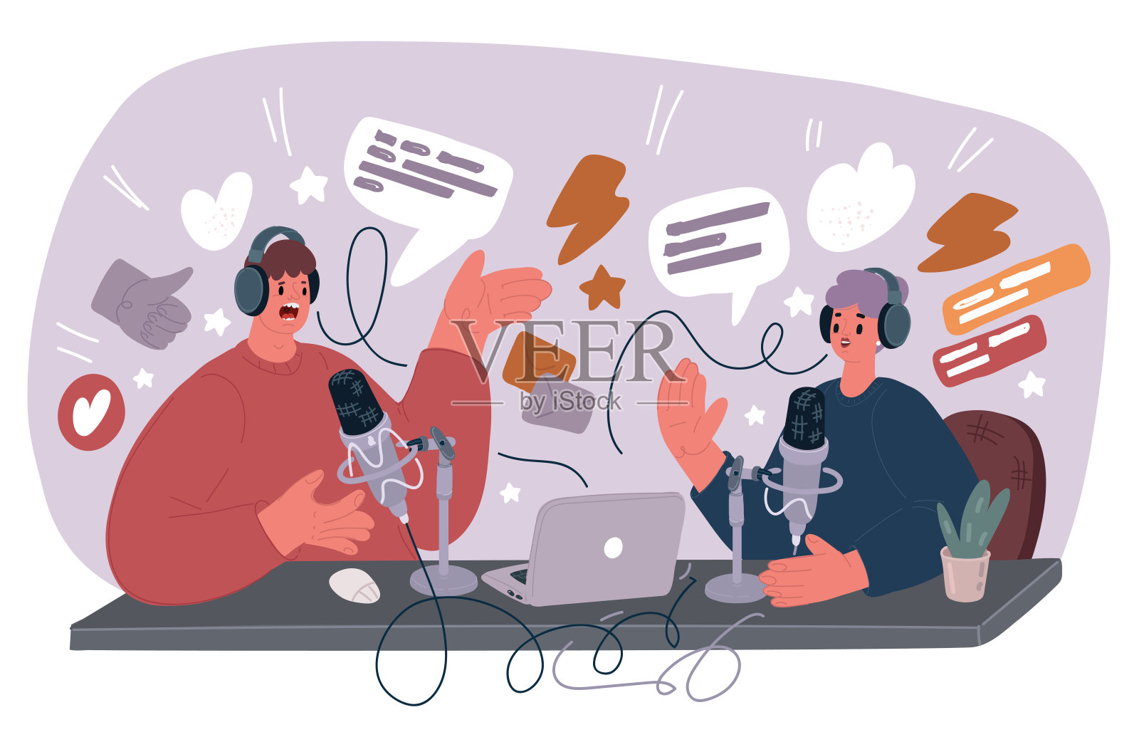 人物卡通插画直播、直播。男性和女性社交媒体网络博主合作。视频博主的卡通人物。采访，播客，视频录制在工作室插画图片素材