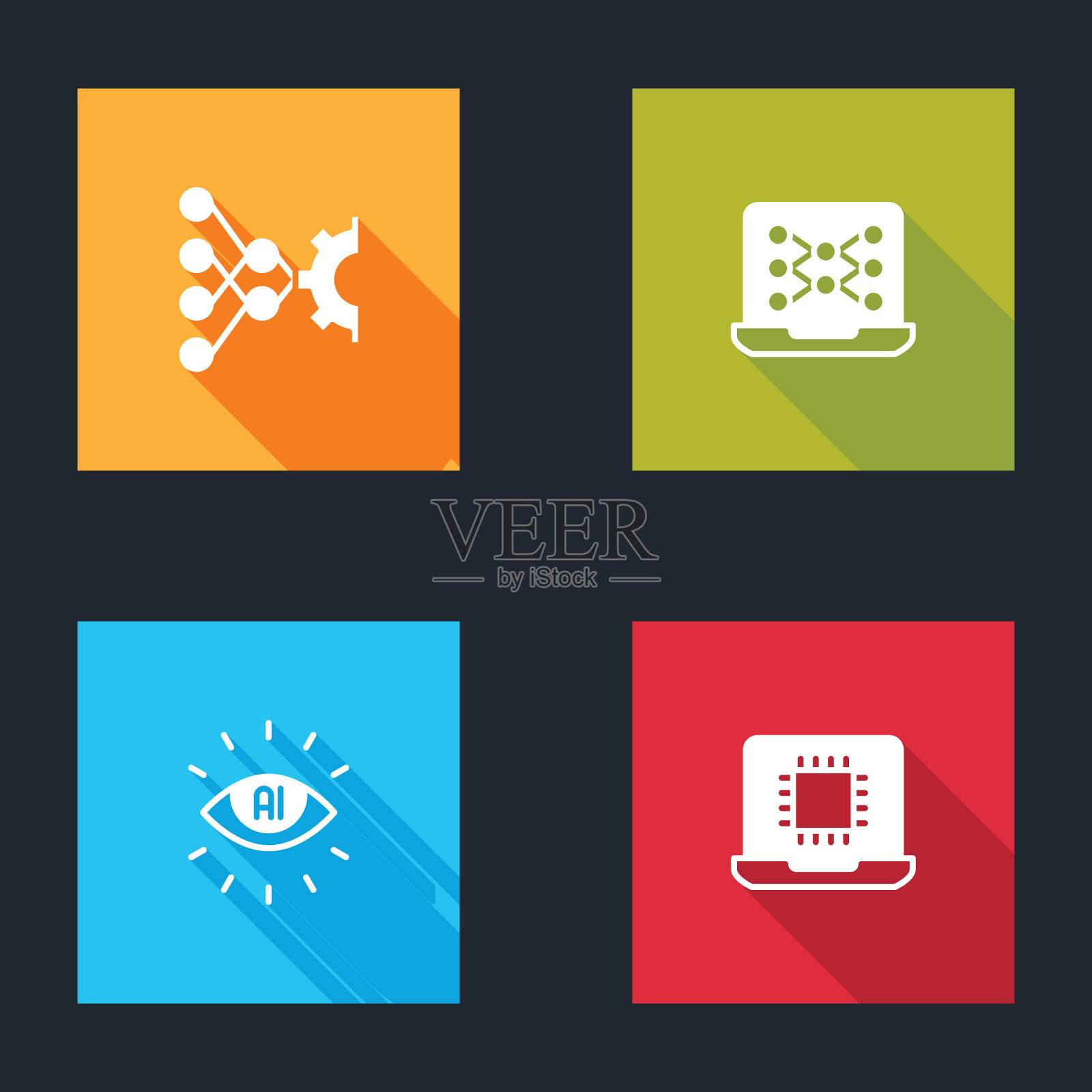 设置神经网络、人工智能AI和处理器CPU图标。向量插画图片素材