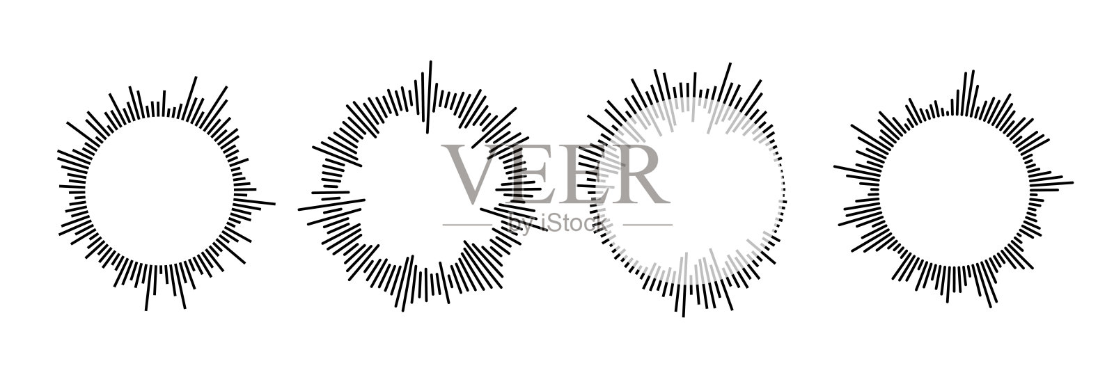 径向声波模式设置。循环音频，音乐或语音图标收集。圆波均衡器频谱符号包。黑圈日冕束。矢量声波元件图解插画图片素材