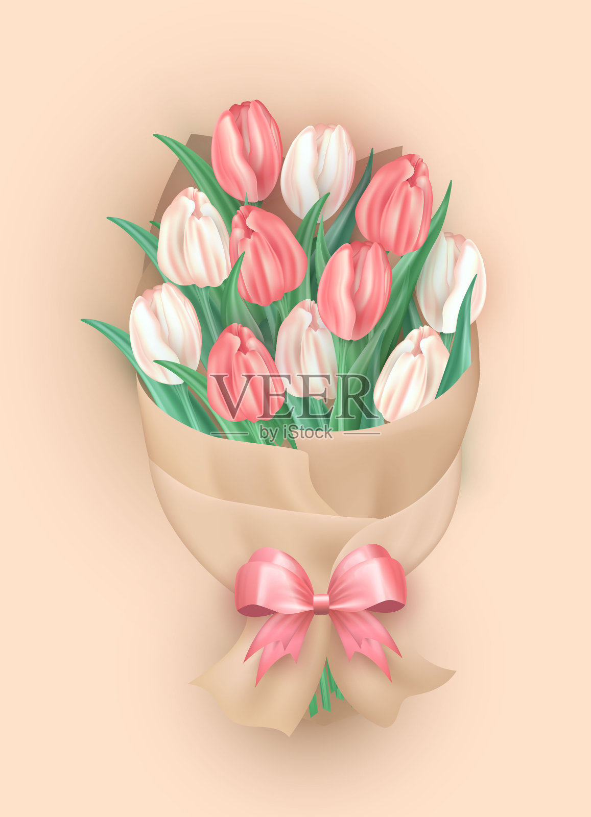 3d逼真美丽的郁金香花束在包装纸与弓插画图片素材