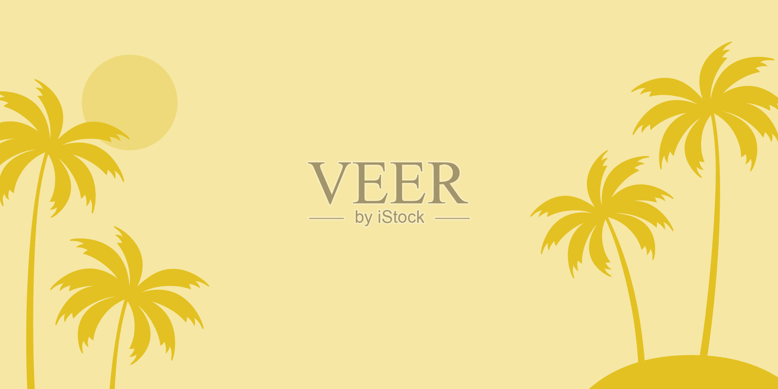 复古的夏季背景，黄色的棕榈树壁纸，海滩景观，简单的平面插图插画图片素材