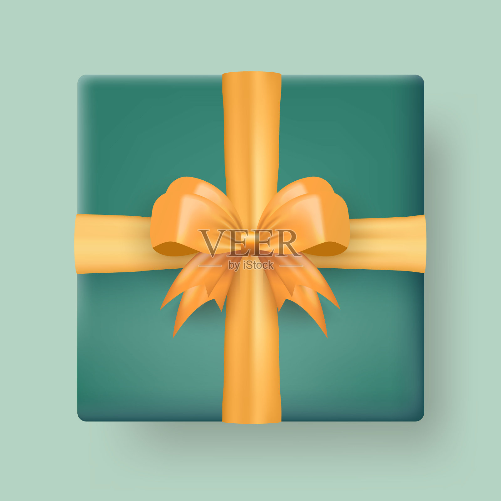 三维现实绿色礼盒与丝绸蝴蝶结顶部视图。插画图片素材