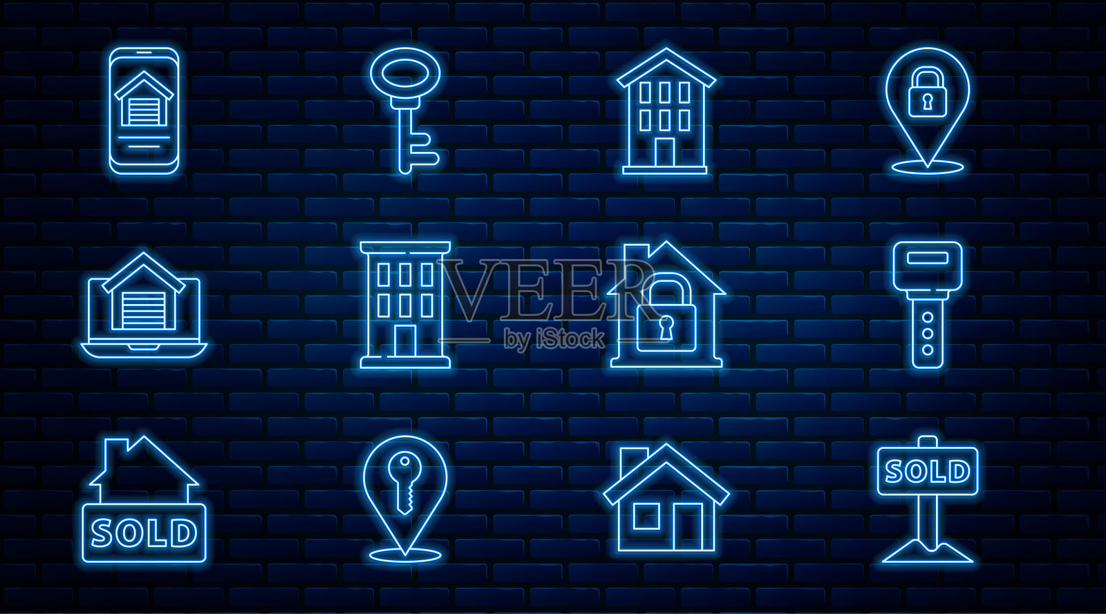 设置线悬挂标志，文字出售，房子钥匙，在线房地产的房子，在保护和图标。向量插画图片素材