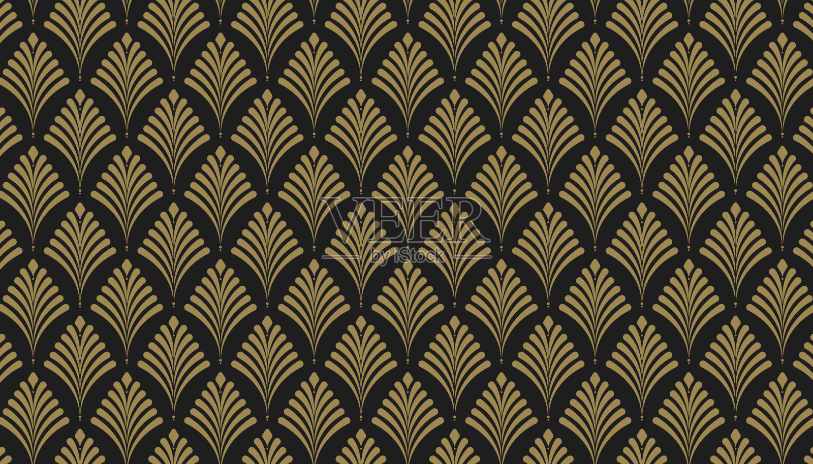 装饰艺术图案背景。引人注目的装饰艺术风格的植物图案，在黑暗的背景上有金色的线条。插画图片素材