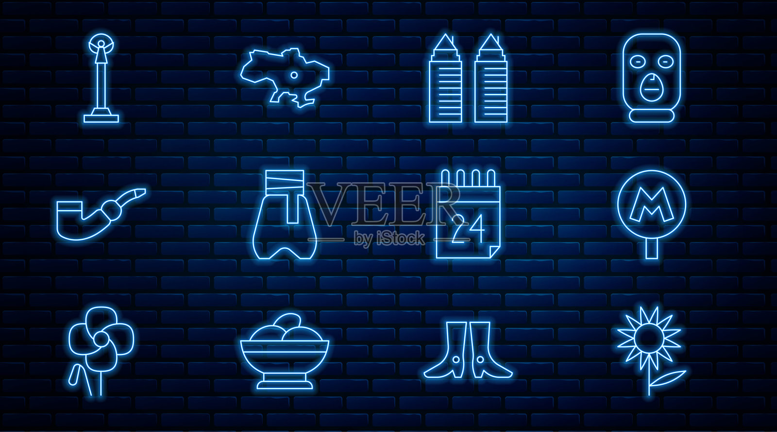 设置线向日葵，地铁或地铁，第聂伯罗的两座塔，哥萨克裤，吸烟烟斗，独立纪念碑，乌克兰日和地图图标。向量插画图片素材