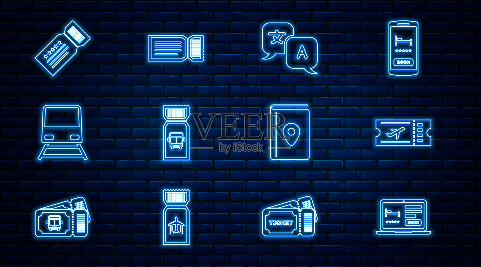 在线酒店预订，机票，翻译，巴士，火车，机票，封面旅游指南和图标。向量插画图片素材