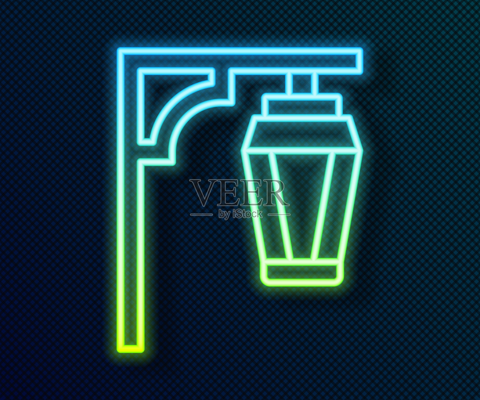 发光的霓虹灯线复古路灯图标孤立的黑色背景。向量插画图片素材