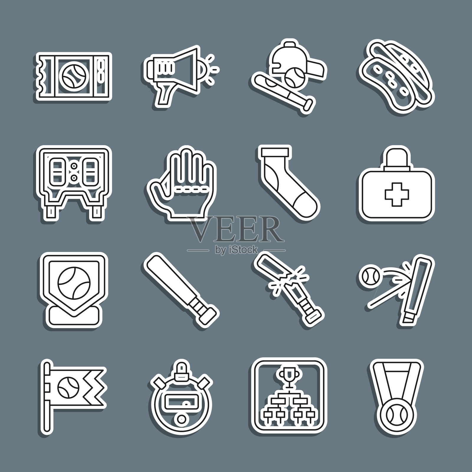 设置线奖牌与棒球，棒球棒，急救箱，帽子，手套，机械记分牌，票和袜子图标。向量插画图片素材