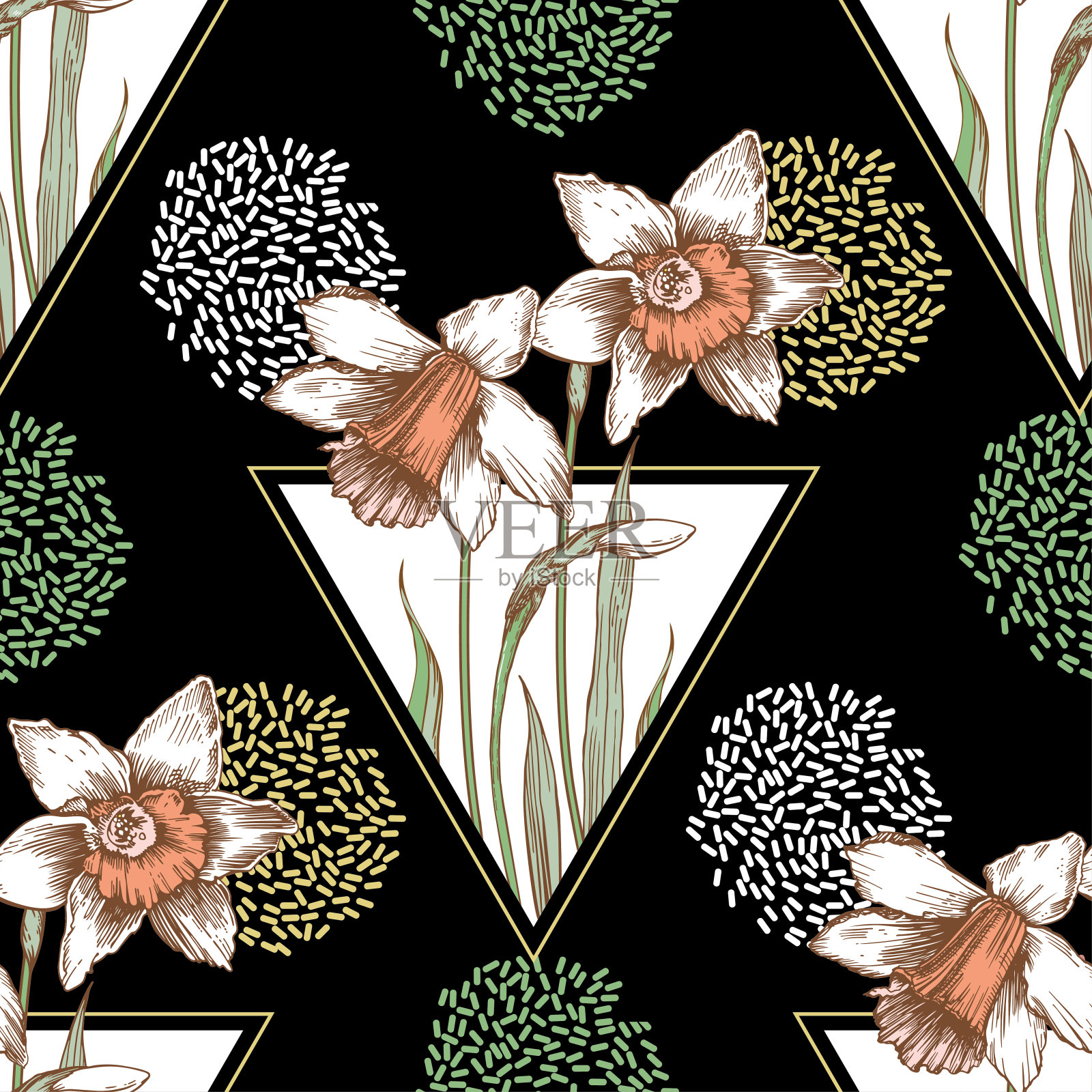 粉红色无缝图案与水仙花和三角形。矢量插图。插画图片素材