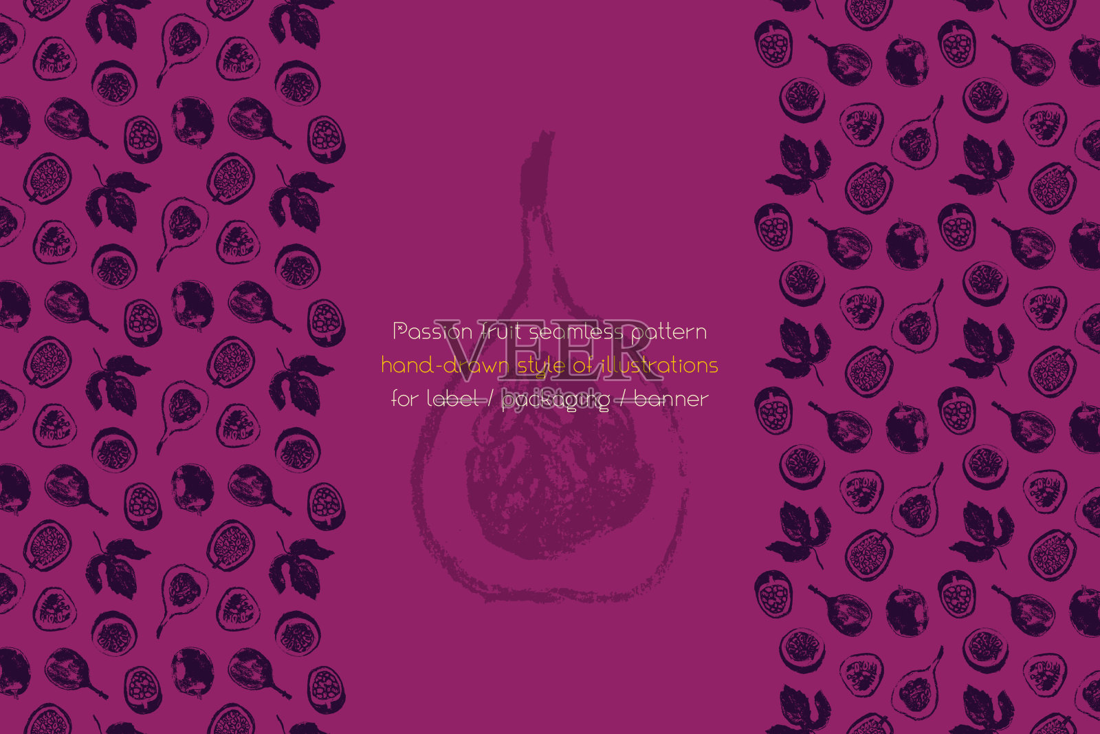 热带旗帜模板与手绘granadilla框架。百香果无缝花纹。插画图片素材