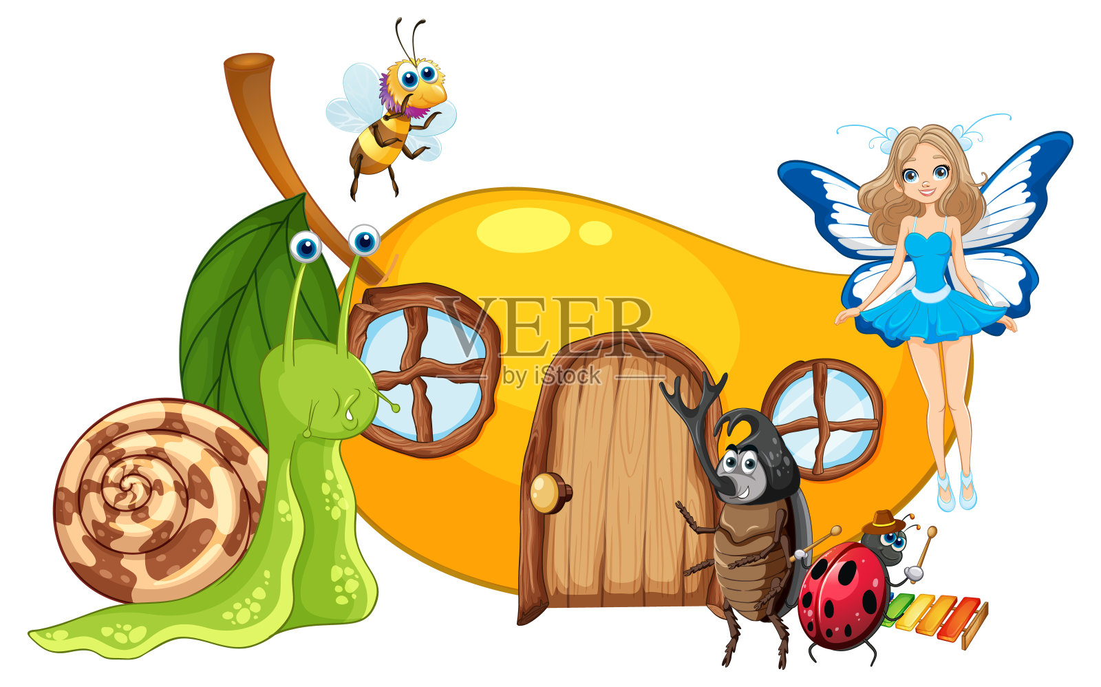 仙女和昆虫围在异想天开的房子周围插画图片素材