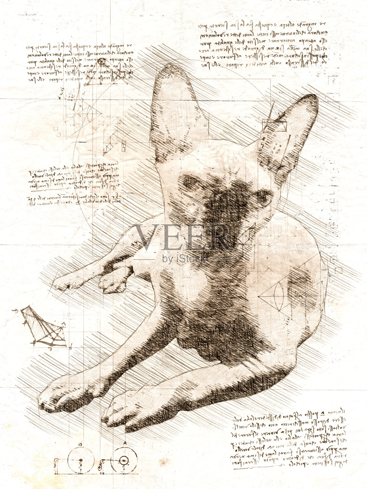 看达芬奇素描中的斯芬克斯猫插画图片素材