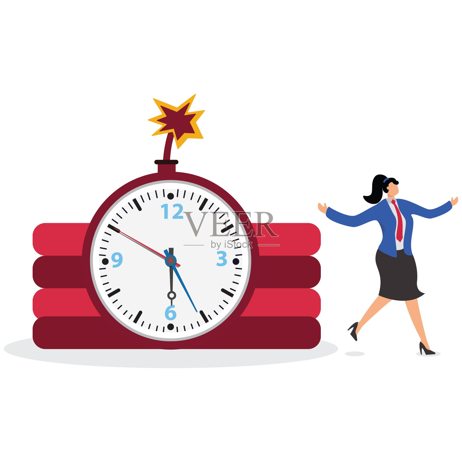 项目截止日期，时间管理，恐惧的女商人逃跑引爆时间倒计时炸弹即将爆炸插画图片素材