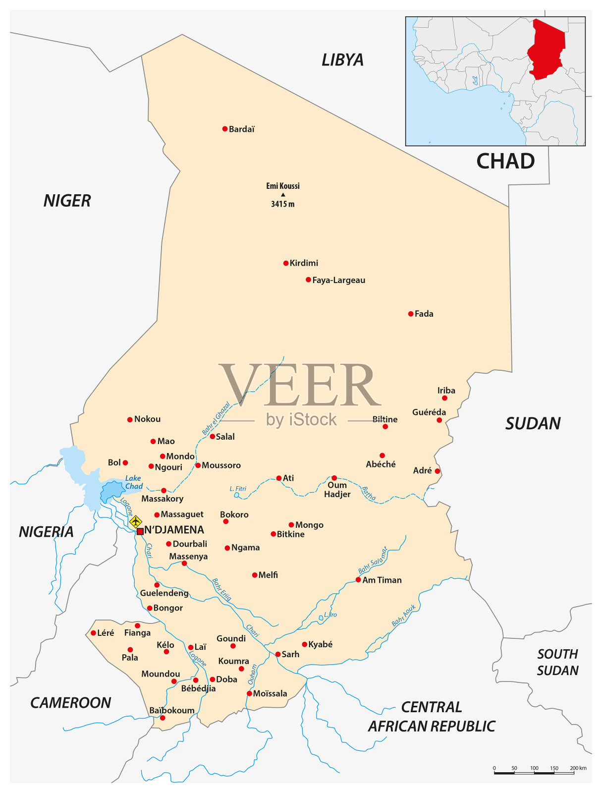 非洲国家乍得的简单地图插画图片素材