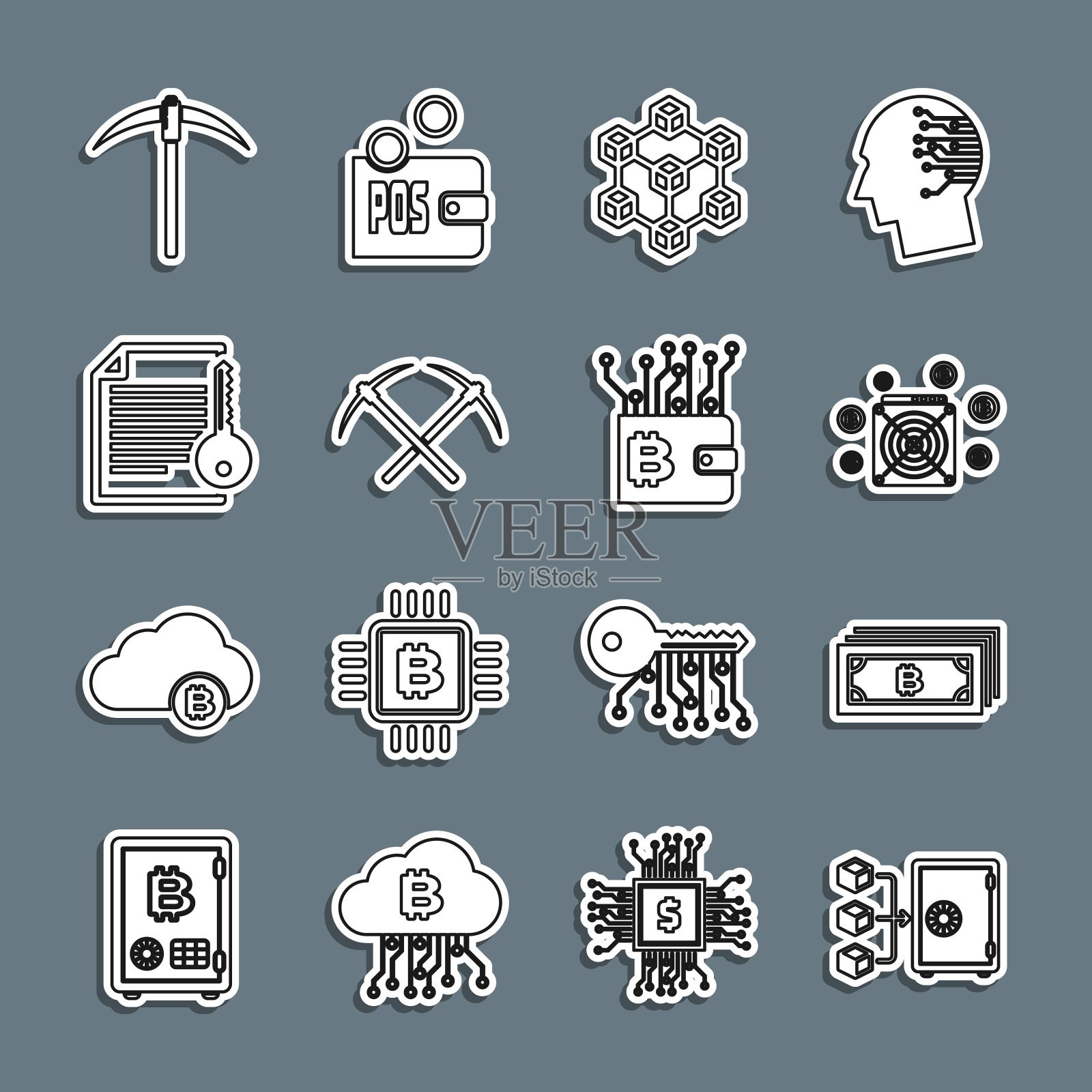 设置线路权益证明，加密货币比特币，ASIC矿工，区块链技术，十字镐，智能合约，镐和钱包图标。向量插画图片素材