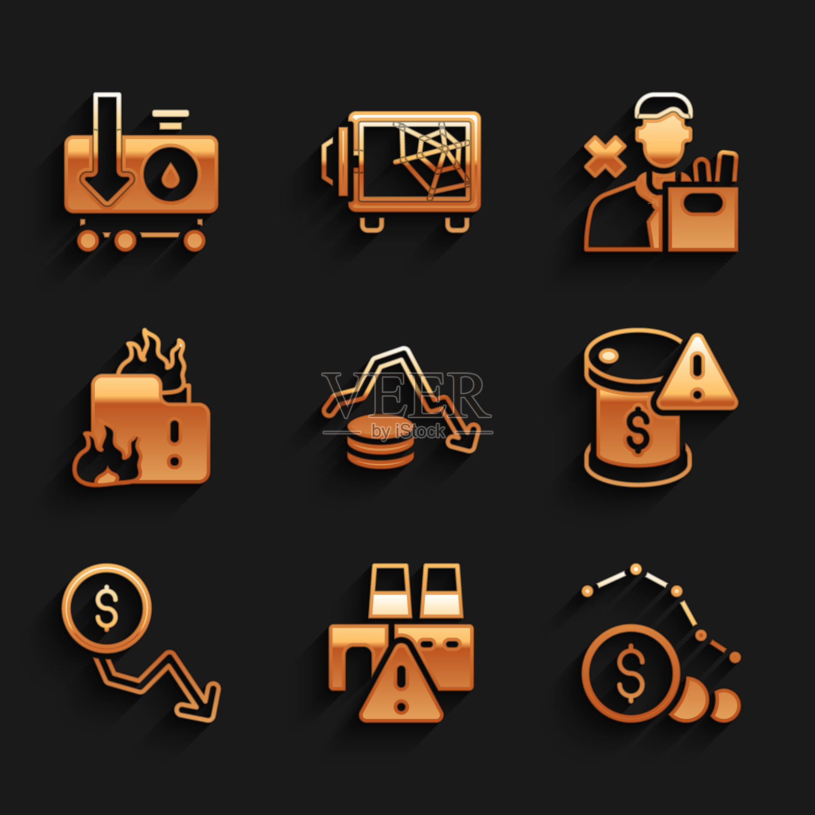 美元汇率下跌，工厂关闭，原油价格下跌，房屋失火，员工解雇和图标。向量插画图片素材