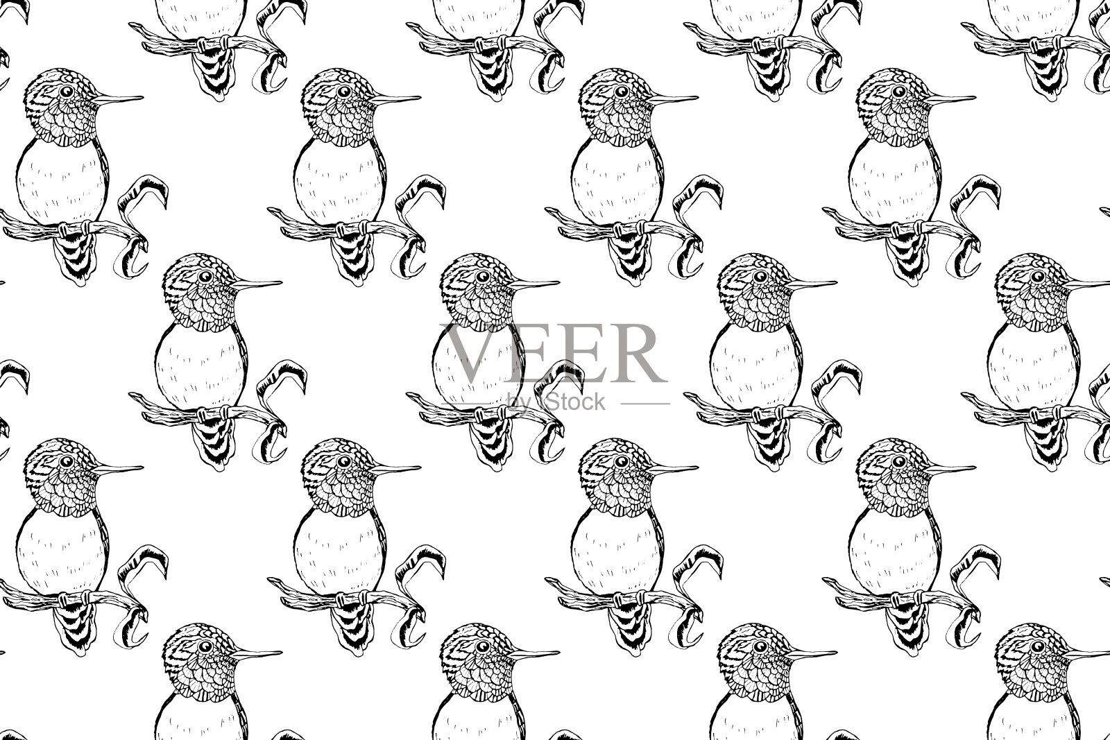 无缝图案与有趣的鸟，花，叶。平面矢量插图与卡通鸟剪影。可爱的人物。设计邀请，海报，卡片，纺织品，织物插画图片素材