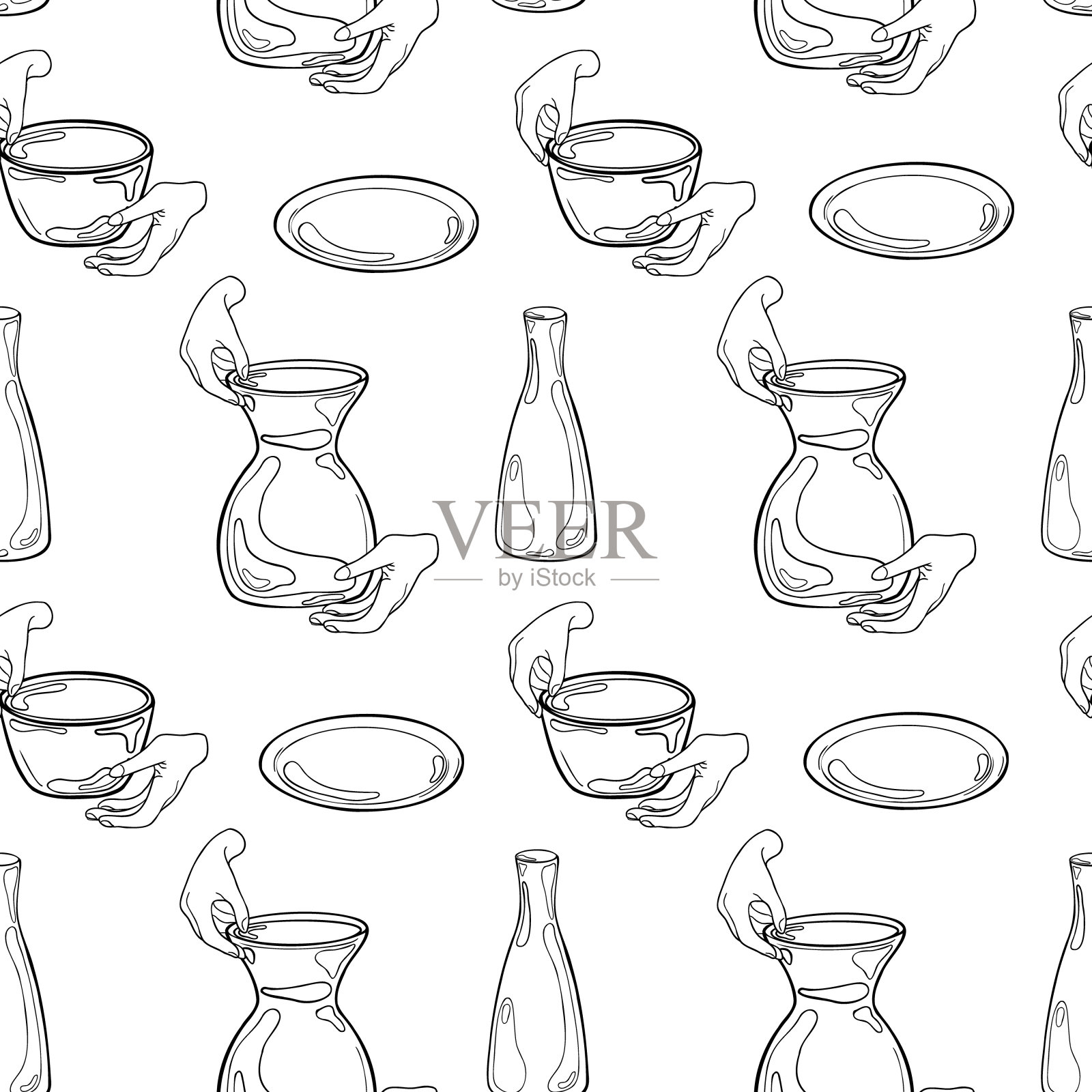 妇女手中捧着陶罐墨迹，手绘轮廓无缝花纹。两只手制作的陶瓷锅涂成黑白矢量背景。陶器花瓶和人的手指轮廓插画图片素材
