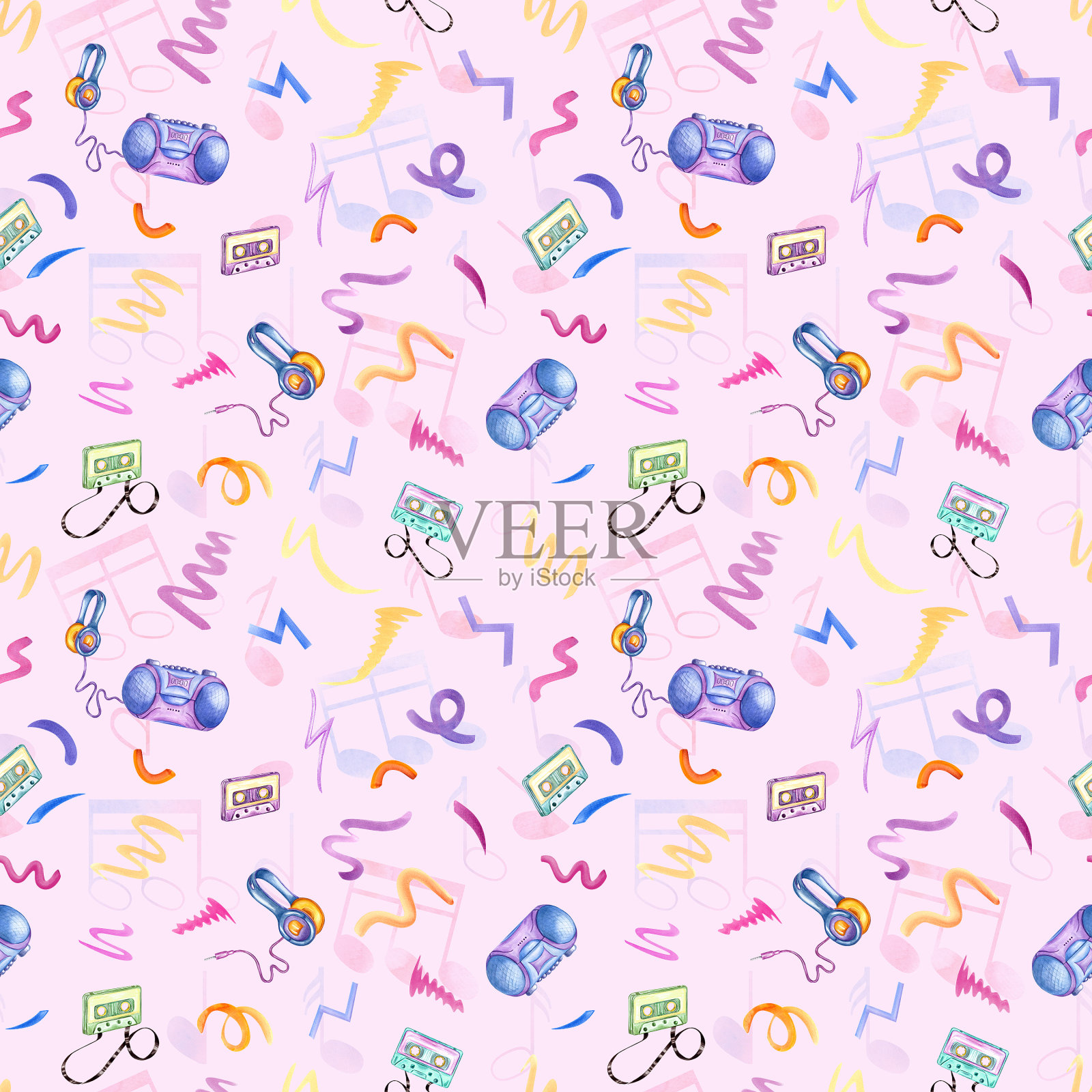 录音机，录音带和耳机之间的彩色涂鸦。可爱和有趣的无缝图案在90年代怀旧风格。水彩插图孤立在粉红色的背景插画图片素材