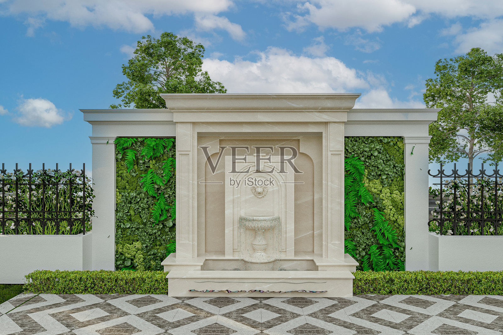 庭院的外观以白色拱门为主，周围环绕着绿色植物的水池喷泉。照片摄影图片