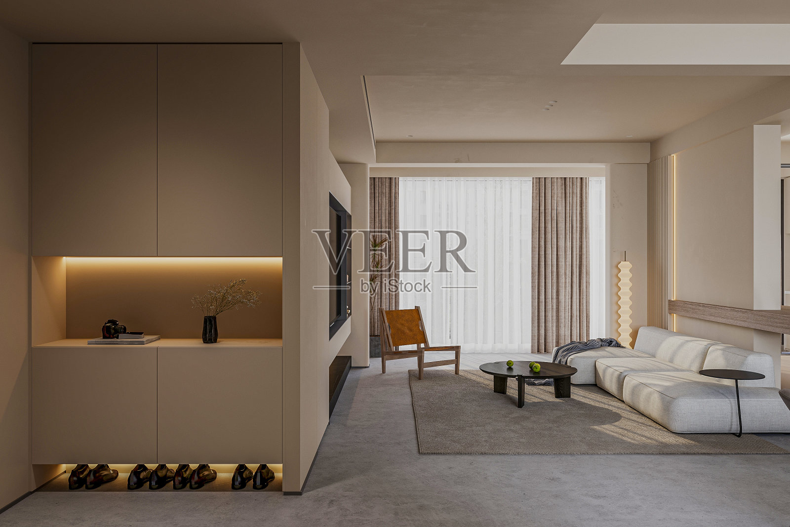 米色色调的门厅内部简单而简约。照片摄影图片