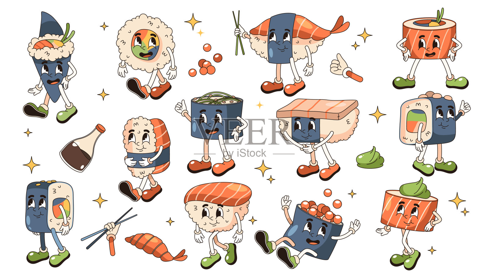 一组寿司漫画人物。矢量波普艺术插画图片素材