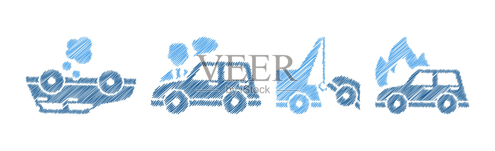 汽车保险图标与蓝色钢笔绘制的汽车元素矢量集插画图片素材