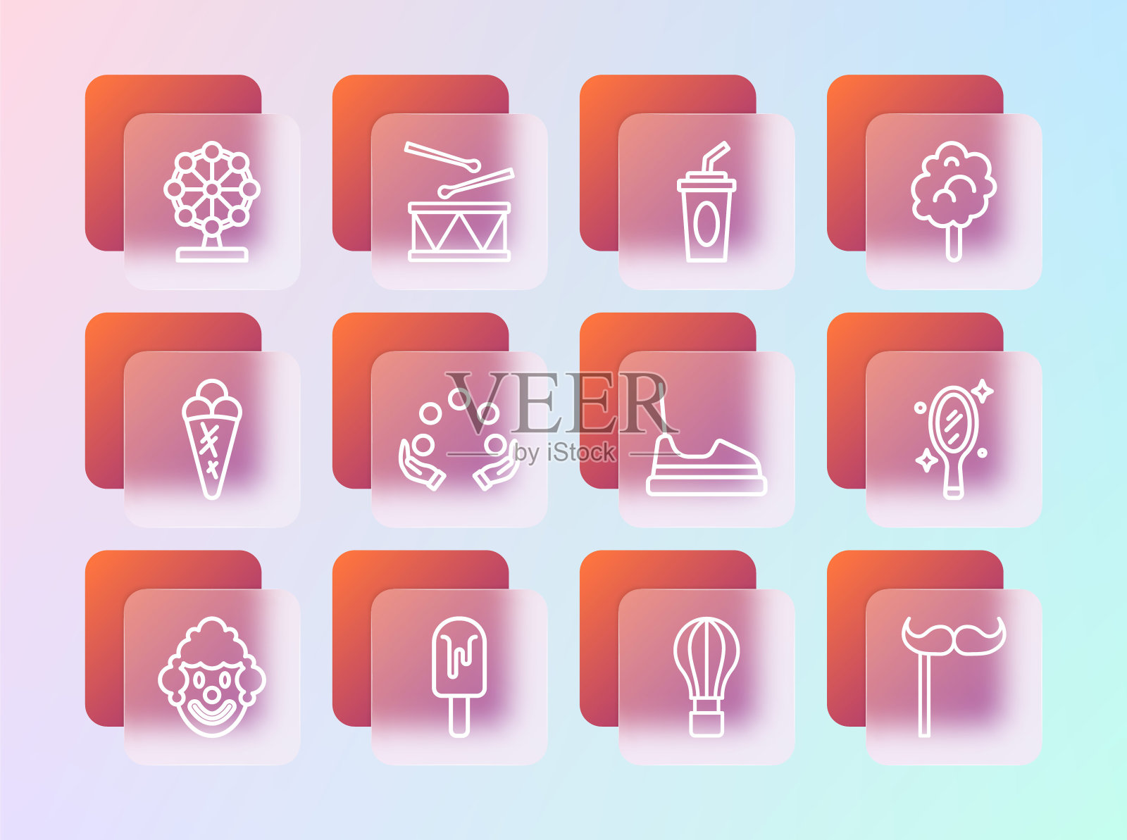 集线棉花糖，冰淇淋，碰碰车，热气球，杂耍，纸玻璃与水，摩天轮和鼓鼓棒图标。向量插画图片素材