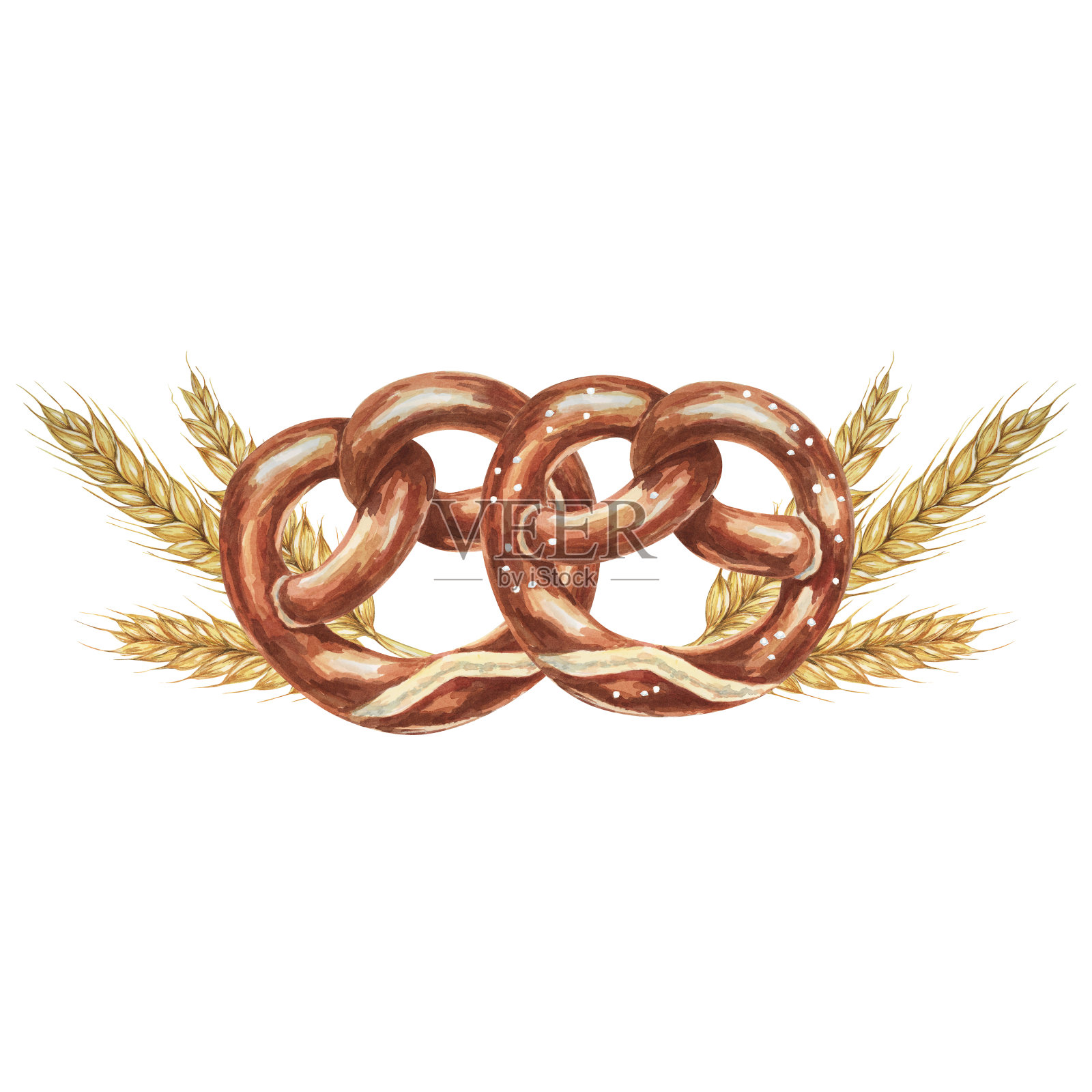 咸椒盐卷饼配麦穗。水彩插图零食，面包店，啤酒节。现实的节日剪纸食品包装，杯垫插画图片素材