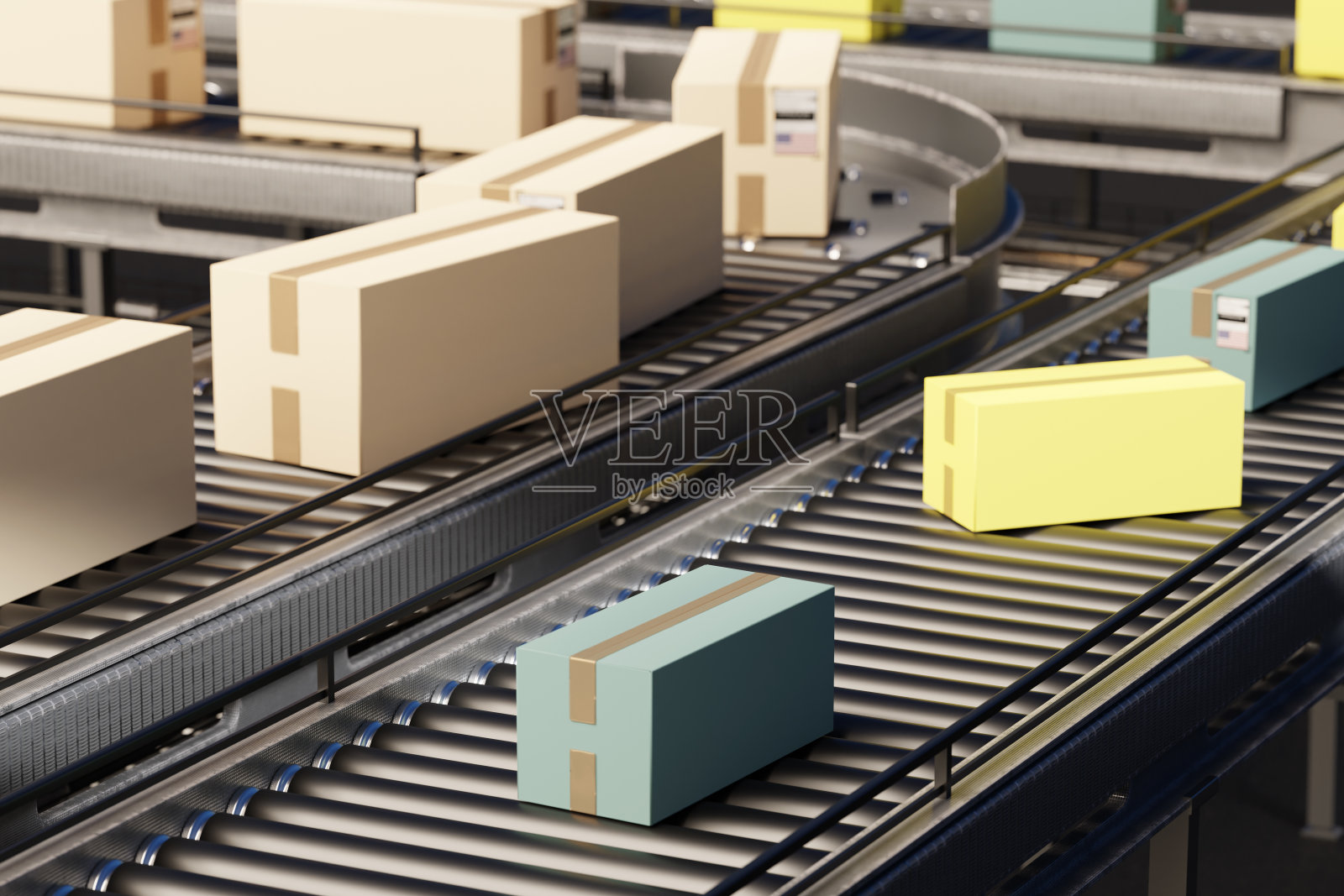 实现仓库。带箱输送机。楼内自动输送。实现的过程。3 d渲染。照片摄影图片