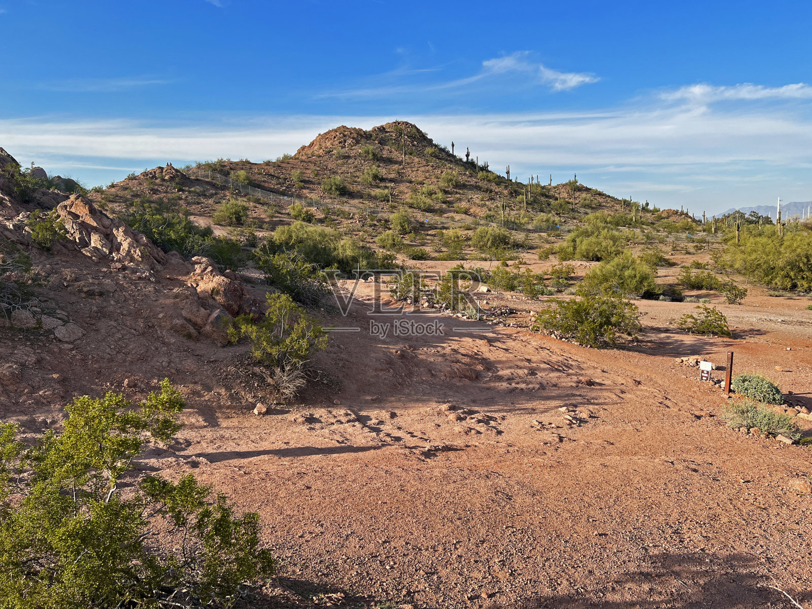 亚利桑那州帕帕戈公园岩石洞后的沙漠景观。照片摄影图片
