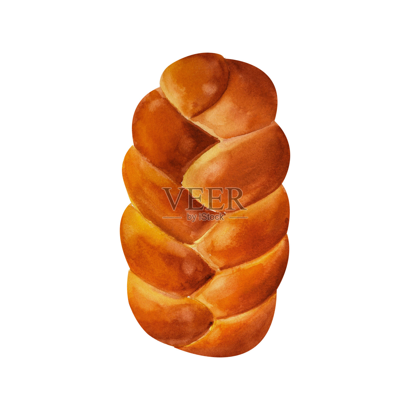 小麦奶油蛋卷甜编织面包，水彩插图。用于纺织品和纸张、服装、盘子和餐具的设计、厨房装饰、餐厅菜单、食谱、烹饪书插画图片素材