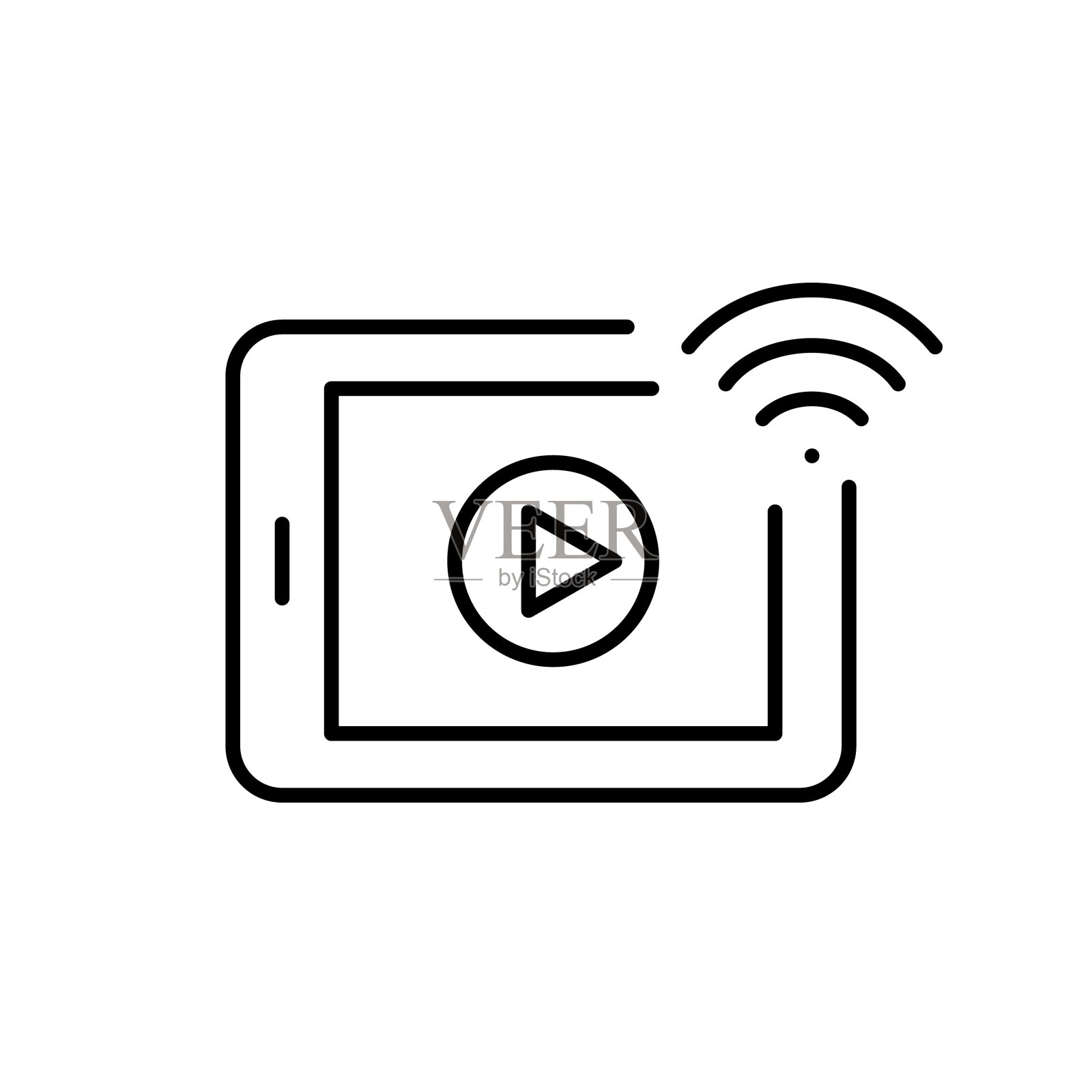 电子平板，播放按钮和wi-fi符号。在线视频流媒体、数字娱乐服务。可编辑的图标插画图片素材
