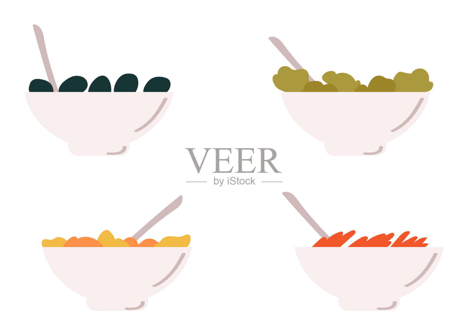 四个碗食物矢量插图孤立的白色背景。各种碗的平面设计不同插画图片素材