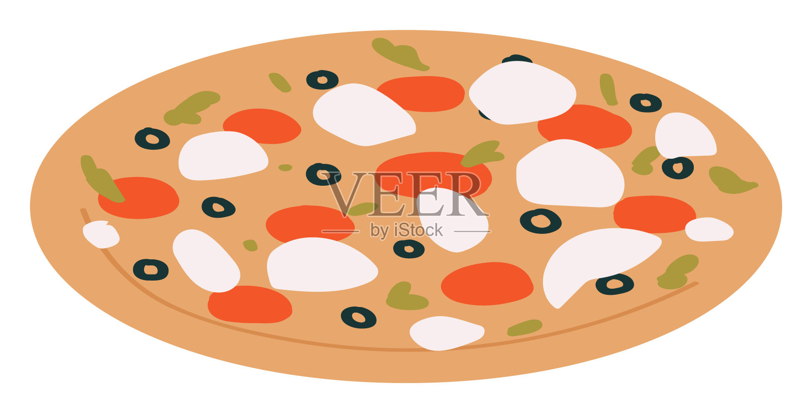 薄皮披萨上有美味的融化的马苏里拉奶酪，成熟多汁的西红柿，橄榄，罗勒插画图片素材