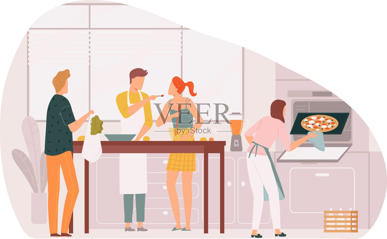 四个大人一起烹饪厨房。朋友们一起在家准备饭菜。休闲装、披萨插画图片素材