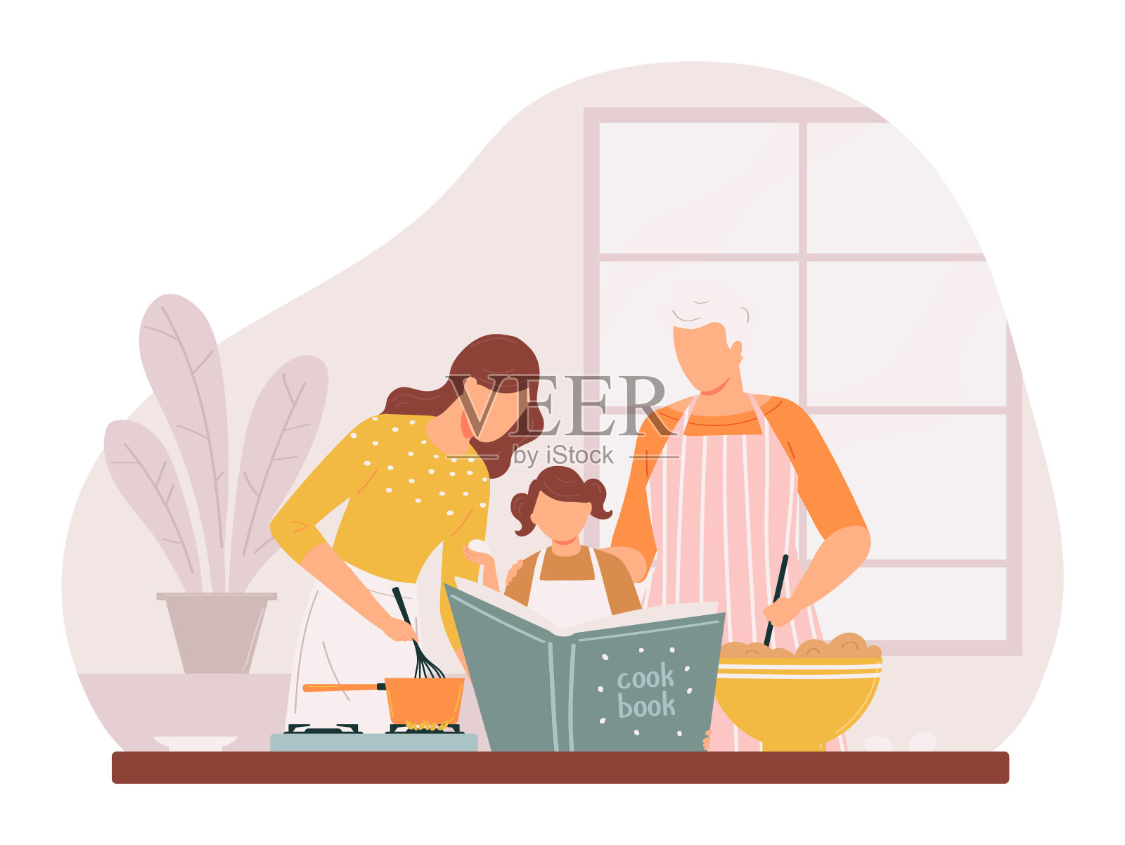 母女一起做饭的厨房场景。成年女儿童在家室内准备食物插画图片素材