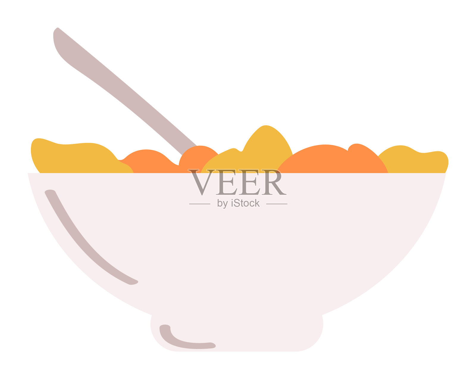 碗麦片牛奶卡通插画。早餐食品矢量设计平面风格。黄橙插画图片素材